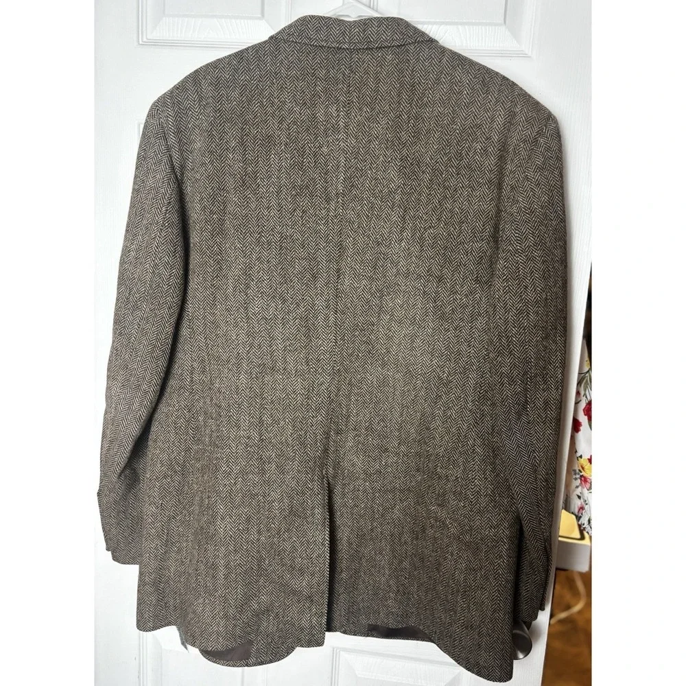 Harris Tweed Jos A Bank Brown Herringbone Blazer Men's 44L Wool Leather Buttons*